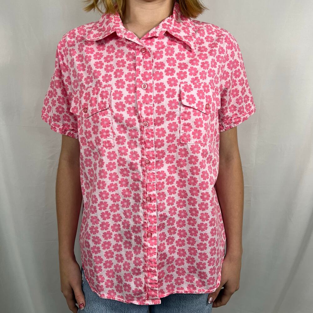 Vintage Mainstreet Blues Pink Floral Short Sleeve Button-Up Shirt 100% Cotton